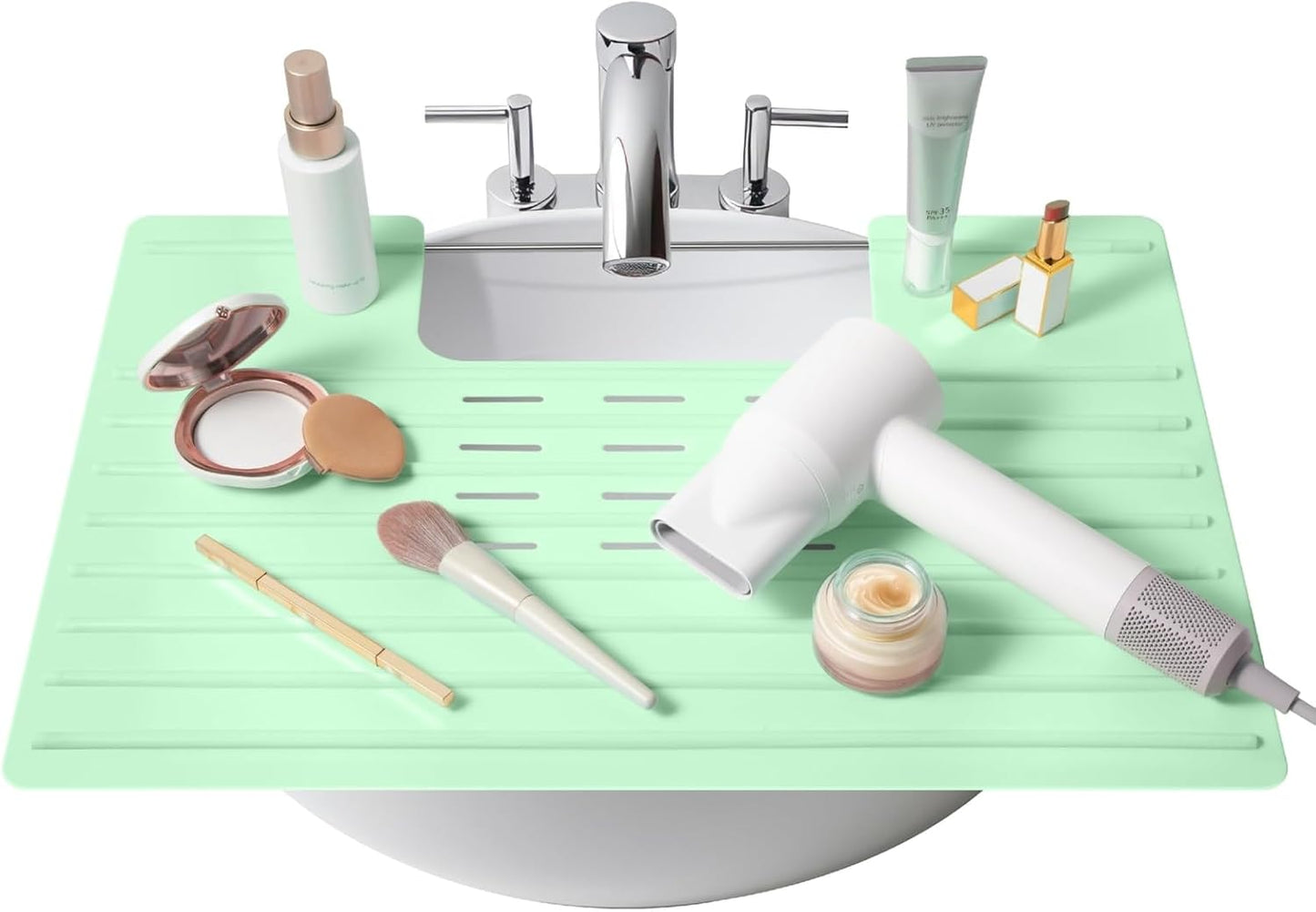 Maplefield Bathroom Sink Cover for Counter Space, Heat Resistant Silicone Sink Mat for Your Beauty Routine, Small Bathroom Space Saver Sink Cover for Makeup (Mint Large, 22 x 2 x 2 Inches)