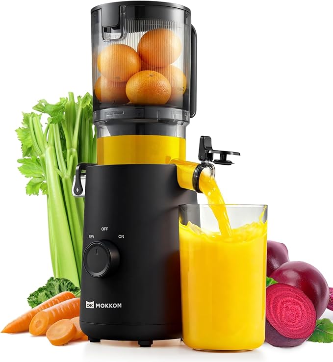 MOKKOM Cold Press Juicer, Updated Large Feed Chute Juice Extractor Machine, High Juice Yield, Slow Masticating Juicer Fit Whole Fruits Vegetables, Black