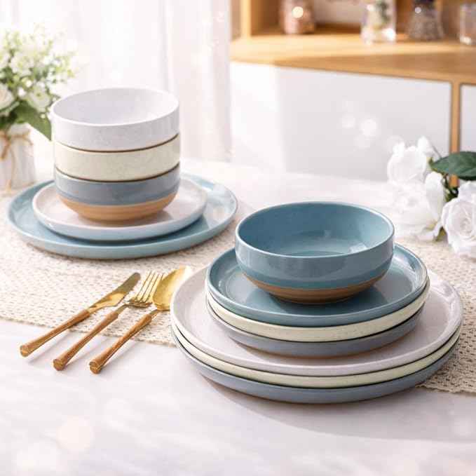 AmorArc Ceramic Dinnerware Sets for 4, 12 Pieces Handpainted Plates and Bowls Set with Rustic Terracotta Underside, Scratch Resistant Stoneware Dishes Set, Dishwasher & Microwave Safe, Multi-Color