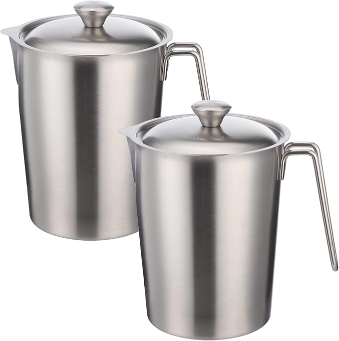 2 Pcs Stainless Steel Measuring Cup with Lids, 67.6 oz Wide Mouth 304 Kitchen Pitcher with Scale and Handle for Baking, Milk Frothing, Latte Art, Hot/cold Water