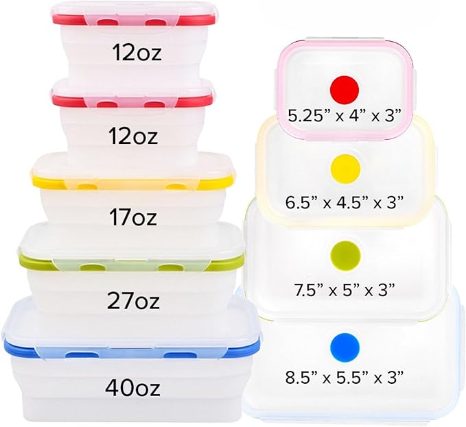 ECOBERI Collapsible Silicone Food Storage Containers Set of 5, BPA-Free Food-Grade Silicone, Airtight Snap Lids, Microwave, Freezer & Dishwasher Safe, Space-Saving Meal Prep & Lunch Containers