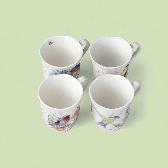 Lenox Coffee Mug Set, Butterfly Meadow Flutter 4-Piece Mugs, Service For 4, 12 Ounce Mug, Chip Resistant White Porcelain, Microwave And Dishwasher Safe, Ceramic Mugs, Coffee Cups (Assorted, 4 Piece)