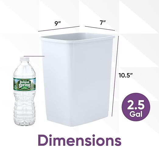Superio Small 2.5 Gallon Plastic Trash Can, Unlidded Waste Bin Only for Under Desk, Office, Bedroom, Bathroom- 10 Qt, (White)