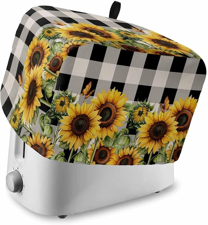 Sunflower Checkered Toaster Cover 2 Slice, Black Buffalo Plaid Dustproof Bakeware Oven Protector with Top Hook, Pastoral Flowers Waterproof Small Kitchen Appliance Toasters Dust Cover, 12"x7.5"x8"