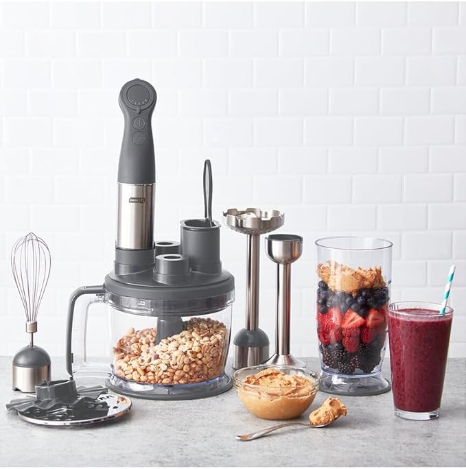 Dash Chef Series Deluxe Immersion Hand Blender, 5 Speed Stick Blender with Stainless Steel Blades, Dough Hooks, Food Processor, Grate, Mash, Slice, Whisk Attachments and Recipe Guide – Cool Grey