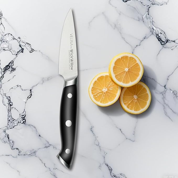 WICKWILLOW 3.5" Paring Knife – Razor Sharp German Steel – Small Kitchen Knife for Peeling, Trimming & Precision Work – Full Tang & Ergonomic Handle – Gift Box – Velina Series