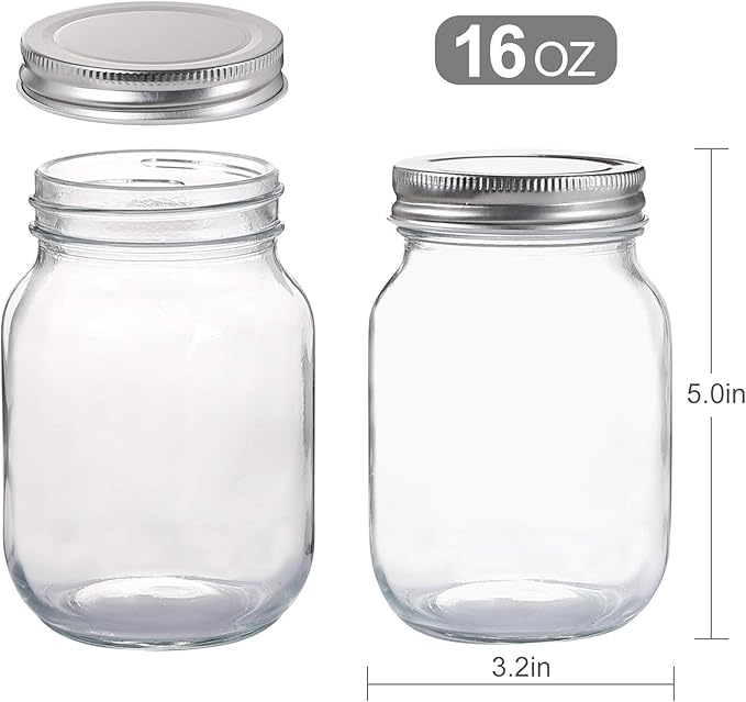 YINGERHUAN Glass Regular Mouth Mason Jars, 16 oz Clear Glass Jars with Silver Metal Lids for Sealing, Canning Jars for Food Storage, Overnight Oats, Dry Food, Snacks, Candies, DIY Projects (8PACK)