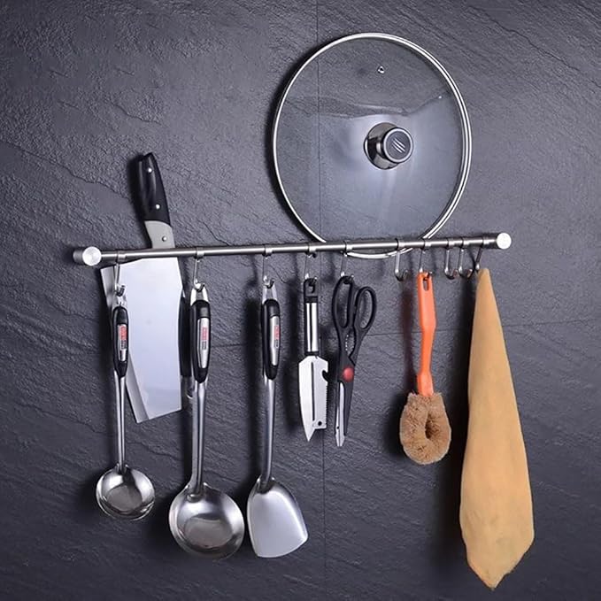 Premium Stainless Steel Kitchen Tool Utensil Organizer Bar Rack with Movable Hooks for Pan Pot Spoon Towel (Traditional, 12 Hooks)