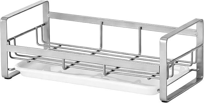 HULISEN Large Sponge Holder, 304 Stainless Steel Kitchen Soap Dispenser Caddy Organizer, Countertop Soap Dish Rack Drainer with Removable Drain Tray, not Including Dispenser and Brush, Grey