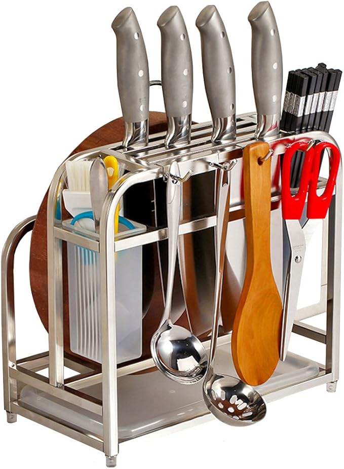 Knife Holder Storage Organizer with Hooks, Stainless Steel Knife Block Holder Cutting Board Rack,Kitchen Utensils Holder with Drainer Tray for Kitchen Countertop