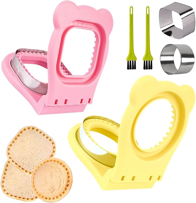 LEPCY Uncrustables Sandwich Maker Sealer Cutter, Crustless Sandwich Cutter, PB&J Uncrustable Maker - Pink Square Shape + Yellow Round Shape
