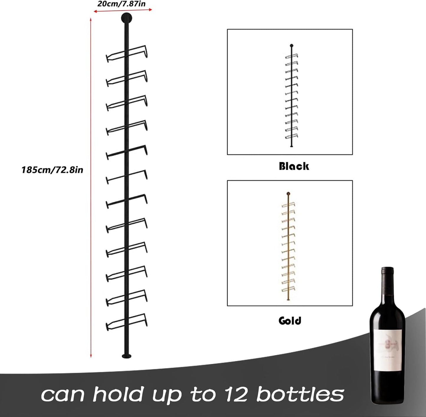 Wine Rack Wall Mounted, 72.8in High Metal Wine Bottle Holder for 12 Bottles, Kitchen Organization and Wine Storage for Commercial Restaurants Pantry Bar Wine Cellar (Black, Three rows-36 Bottles)