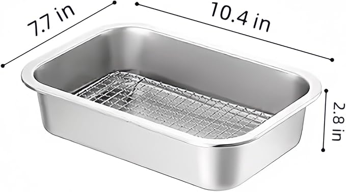 Stainless Steel Sturdy Roasting Pan with Cooling Rack – Oven, Toaster & Grill Safe, Deep Edge, Smooth Finish, Dishwasher Safe – Perfect for Turkey, Chicken, BBQ (10.4x7.7x2.8in)