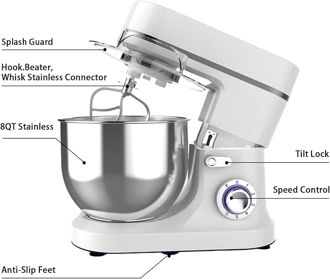 800W Stand Mixer 8 QT kitchen Dough Mixers 6+P Adjustable Speed Electric Household Mixers With Bowl,Dough Hook,Whisk And Beater For Baking,Pizza，Cake And Most Home Cooks