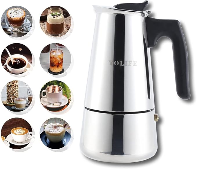 YOLIFE Mini Stovetop Espresso Maker, Induction Small Moka Pot for Italian Coffee, Cappuccino and Latte, Stainless Steel,4 Espresso Cup (1 Cup= 50ml) (200ml / 7oz)
