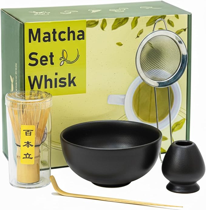 Matcha Whisk Set,Matcha Set,Matcha Kit,Matcha Bowl with Spout,Scoop,Sifter,Bamboo Whisk,Chasen Holder,Unique Gifts for Women Grifend,Gifts for Christmas, Birthday,Halloween(Black)