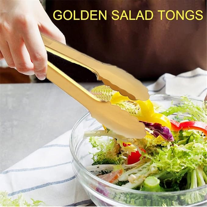 2 Pack Gold Serving Tongs Gold Serving Utensils Salad Tongs Buffet Tongs Non-slip & Easy Grip Stainless Steel Gold Plated Buffet Serving Tongs, Salad, Ice, Oven (9.5 Inch) (Gold)