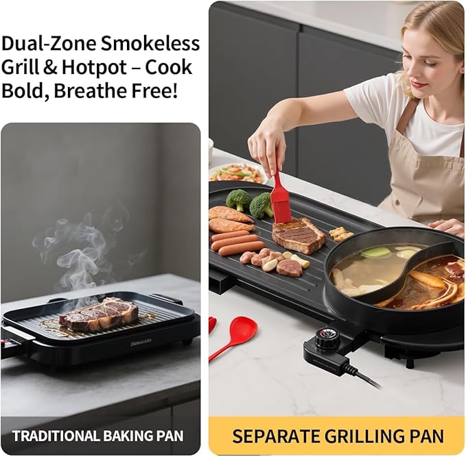 AORAN 2200W Electric Grill & Hot Pot Combo with Dual Zone Control - 26.6" Large Yin-Yang Nonstick Skillet, Indoor Smokeless BBQ Grill for Family Party, Adjustable Temperature & Easy Clean