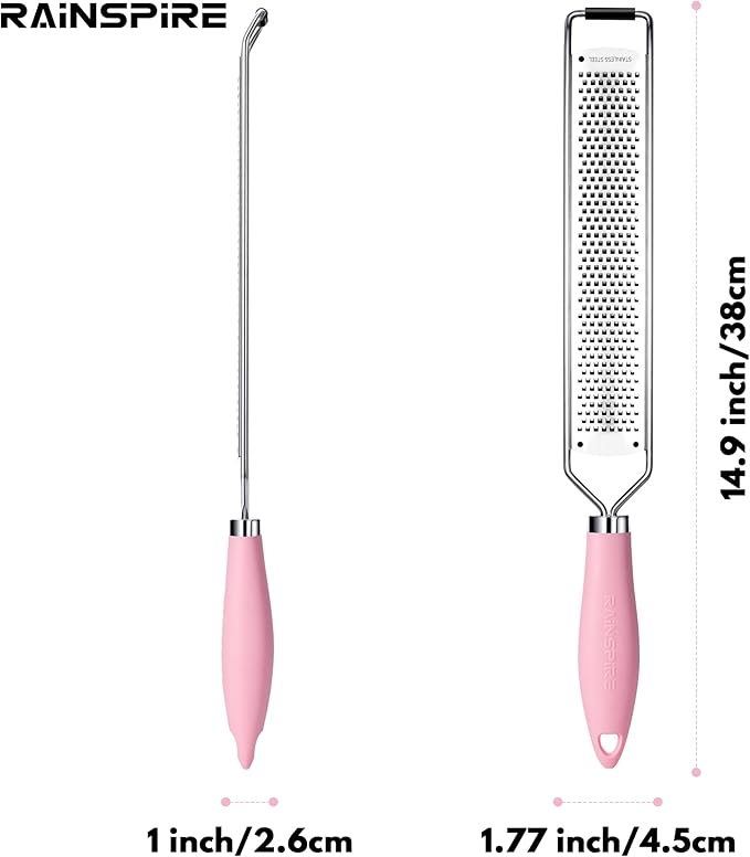 Rainspire Zester Grater with Handle, Lemon Zester Cheese Grater for Kitchen Stainless Steel, Parmesan Cheese Garlic Nutmeg Chocolate Fruits Vegetables Ginger Grater, Fine (Pink)