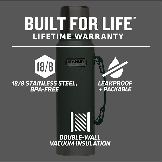 Stanley Heritage Classic Vacuum Bottle with Handle 1.1 qt | Wide Mouth with Leakproof Cup Lid | Keep Drinks Hot or Cold for Travel | Insulated Stainless Steel Thermos | BPA-Free | (Pack of 3)