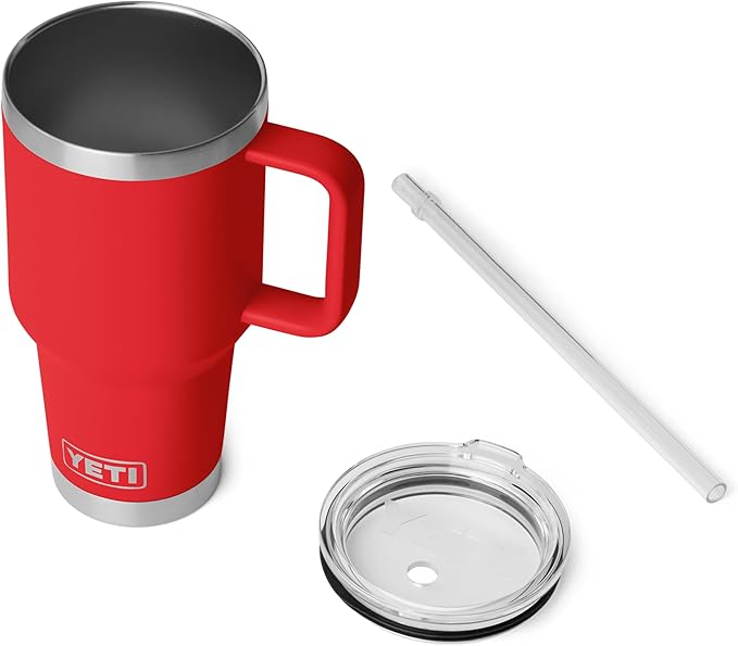 YETI Rambler 35 oz Straw Mug 2.0 - Double-Wall Vacuum Insulation for Cold Beverages – Dishwasher Safe – Cupholder Compatible – Reusable Straw – Comfortable Grip Handle – Travel Mug - Rescue Red