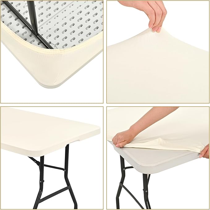 6 Pack Stretch Fabric Table Top Cap Cover, fits 8' Tables, Spandex Table Covers Washable Elastic Rectangle Tablecloth Protector for Indoor Outdoor Party Picnic Wedding, Ivory, 30" W x 96" L