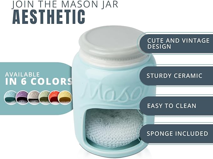 Comfify Ceramic Sponge Holder – Aqua Blue Farmhouse Sink Caddy – Mason Jar Kitchen Accessory – Includes Free Sponge