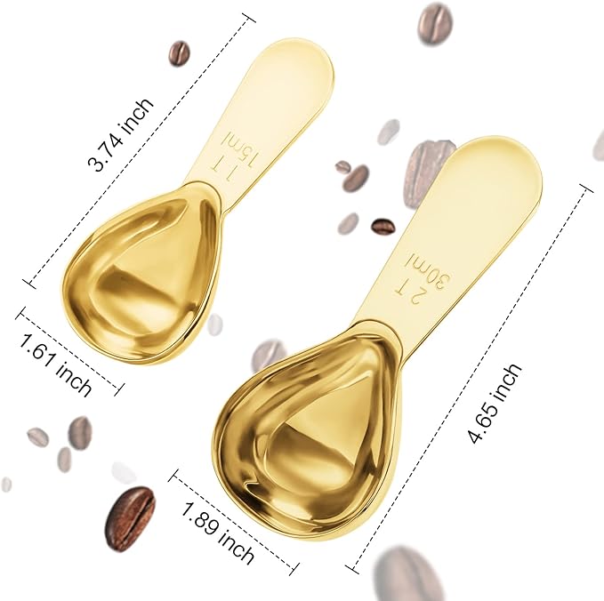 Safring Stainless steel coffee scoop 2-piece set (1 tbsp, 2 tbsp) durable Tablespoon, ergonomic measuring spoon, Suitable for small and large jars，short-handled spoon (Gold)