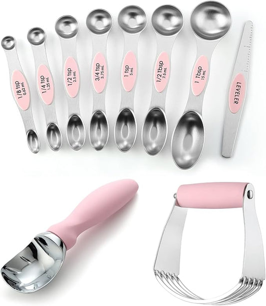 Spring Chef Dessert Bundle - Ice Cream Scoop, Medium Dough Blender, Magnetic Measuring Spoon Set - Pink Lemonade