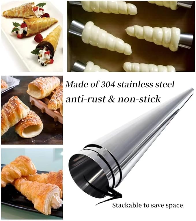 Cream Horn Molds, 16 Pack 5 Inch Pastry Roll Molds with Piping Bags Reusable, Cleaning Brush, Long Cream Icing Piping Nozzle Baking Accessories Tool for Mum and Baker