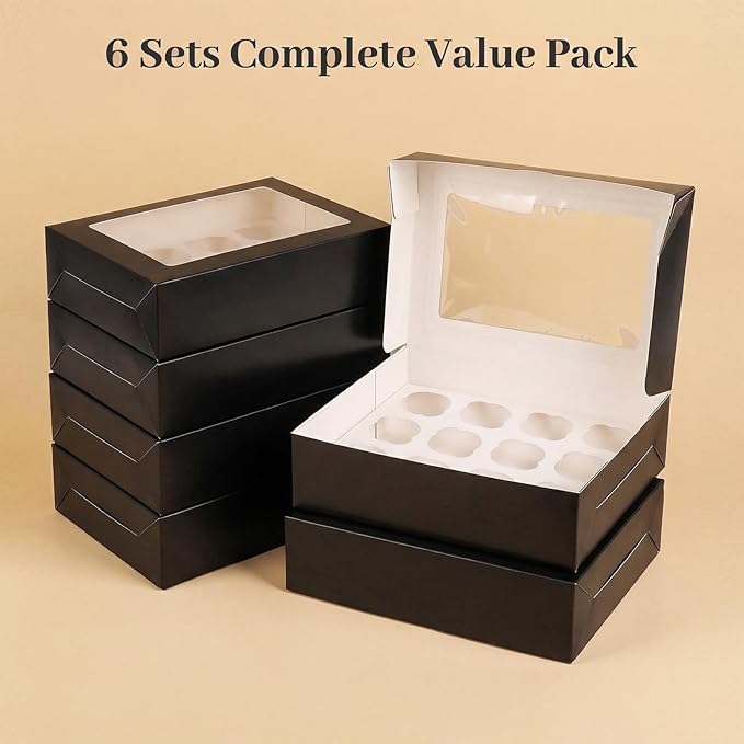 VGOODALL 12 Count Cupcake Boxes, 6PCS Cupcake Containers with Window Black Pastry Boxes for Birthday Holiday Party Bakery Supplies