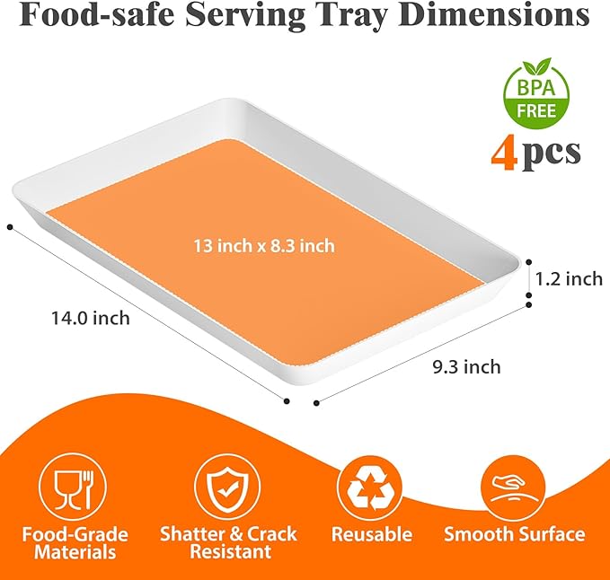 SpaceTrove 4-Pack Serving Tray Set, Reusable Plastic Serving Platter for Party Supplies, Entertaining, Grilling Accessories, Stackable Kitchen Snack Box Container for Dessert, Fruit, Cookie, (White)