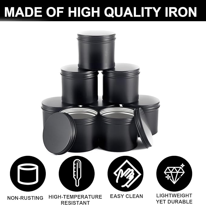 OBKJJ Black Candle Jars 10 oz Matte Tins 24 PCS Metal Candle Containers with Lids Bulk Candle Containers for Balms, Salve, Spices, Beard Balm, Crafts with 4 Markers 6 Sheets Label Stickers