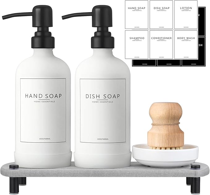 Kitchen Soap Dispenser Set with Instant Dry Tray,16 Oz Hand and Dish Soap White Glass Dispenser Set,Stainless Steel Pump,Waterproof Labels,Dish Brush,Luxury Soap Bottle for Kitchen,Bathroom