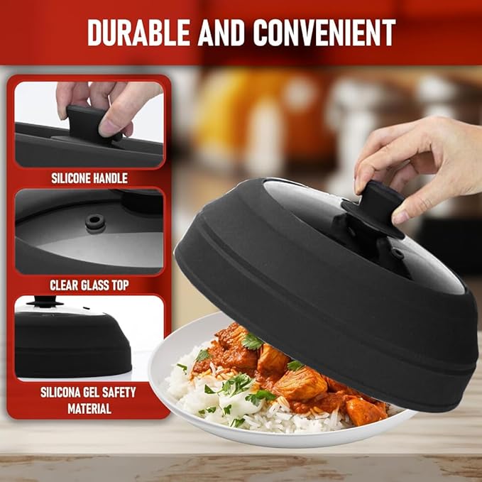 Microwave Splatter Cover Glass for Food - Large 10.8" Tempered Glass & Silicone Lid, Heat Resistant, Splatter Guard with Easy-Grip Handle (Black)