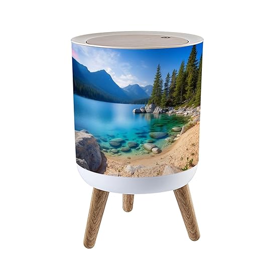 Trash Can with Lid Lake Tahoe Press Top Round Small Garbage Bin with Wooden Legs Waste Basket for Kitchen Bedroom Nursery 7L/1.8 Gallon