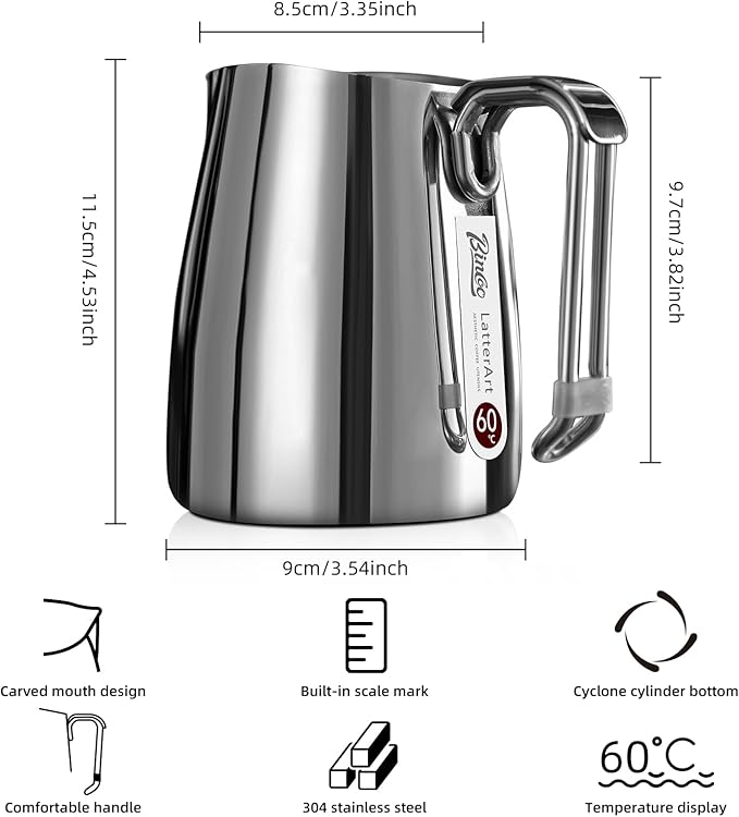 Bincoo Milk Frothing Pitcher,Espresso Milk Frothing Pitcher Stainless Steel 20oz/600ML Coffee Milk Frother Cup with Latte Art Pen