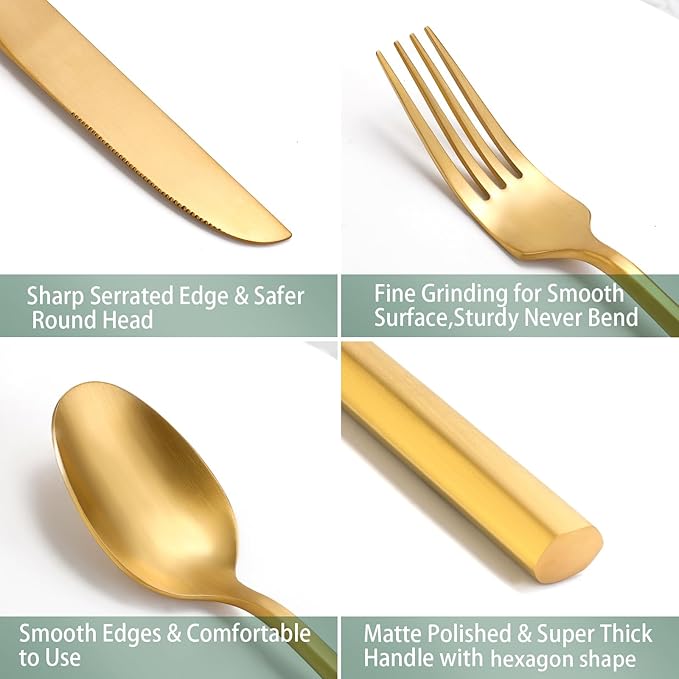 DEACORY Silverware Set Flatware Set Matte Gold Cutlery Set Brushed Brass Heavy Hexagon Handle Stainless Steel 40 Pieces Dishwasher Safe Service for 8