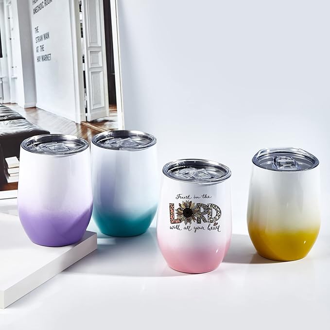 BetterSub 4 Pack 12oz Gradient Color Sublimation Tumblers (Yellow/Pink/Purple/Blue) Double Wall Insulated Stainless Steel Cups with Lid, Straw, Brush & Display Box (4 Packs Gradient Color)