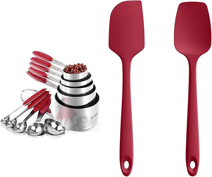 U-Taste 18/8 Stainless Steel Measuring Cups and Spoons (Set of 10, Red), and 18/8 Stainless Steel 600ºF Heat Resistant 11.38in Flexible Non-Stick Spatula & Spoon Spatula (Red)