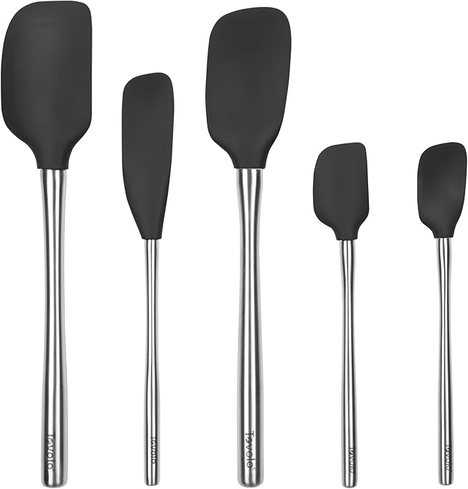 Tovolo Stainless Steel Handled Silicone Spatula Set of 5, Dishwasher Safe Kitchen Spatula Set for Cooking Baking, BPA Free Silicone Spatula set with Metal Steel Handle, Black