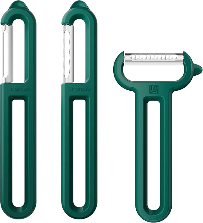 Linoroso 3-Piece Vegetable Peeler Set - Straight, Serrated & Julienne Y-Peeler, Dishwasher Safe, Ideal for Veggies & Fruits, Green