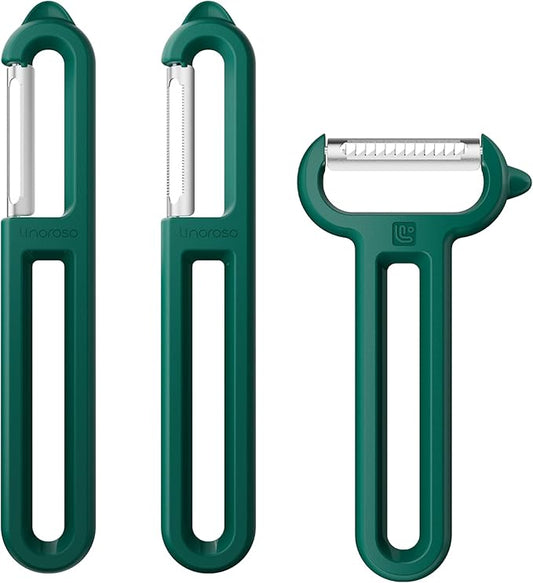Linoroso 3-Piece Vegetable Peeler Set - Straight, Serrated & Julienne Y-Peeler, Dishwasher Safe, Ideal for Veggies & Fruits, Green