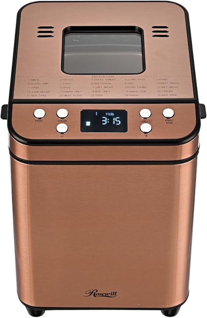 Rosewill 25-in-1 Automatic Bread Maker Machine with 3 Loaf Size up to 2 Lb, 700W High Power Dual Heater Bread Maker with BPA-free Nonstick Coating Pan, Max 15 Hours Delay Timer, Low Noise - Cinnamon