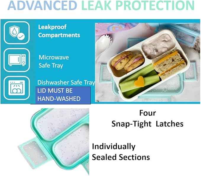Small Snack Containers for Kids Toddlers - 3 Compartments (Set of 2) - Leak-Proof Reusable Boxes with Lids - BPA-Free Plastic Mini Bento Lunch Box - Holds 2 Cups Capacity (Pastel Blue+Teal Sparkle)