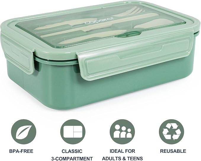 Caperci Classic Bento Box Adult Lunch Box for Older Kids - Leakpoof 47 oz 3-Compartment Lunch Containers for Adults and Teens, Built-in Utensil Set, Ideal for On-the-Go Balanced Eating,Khaki Green