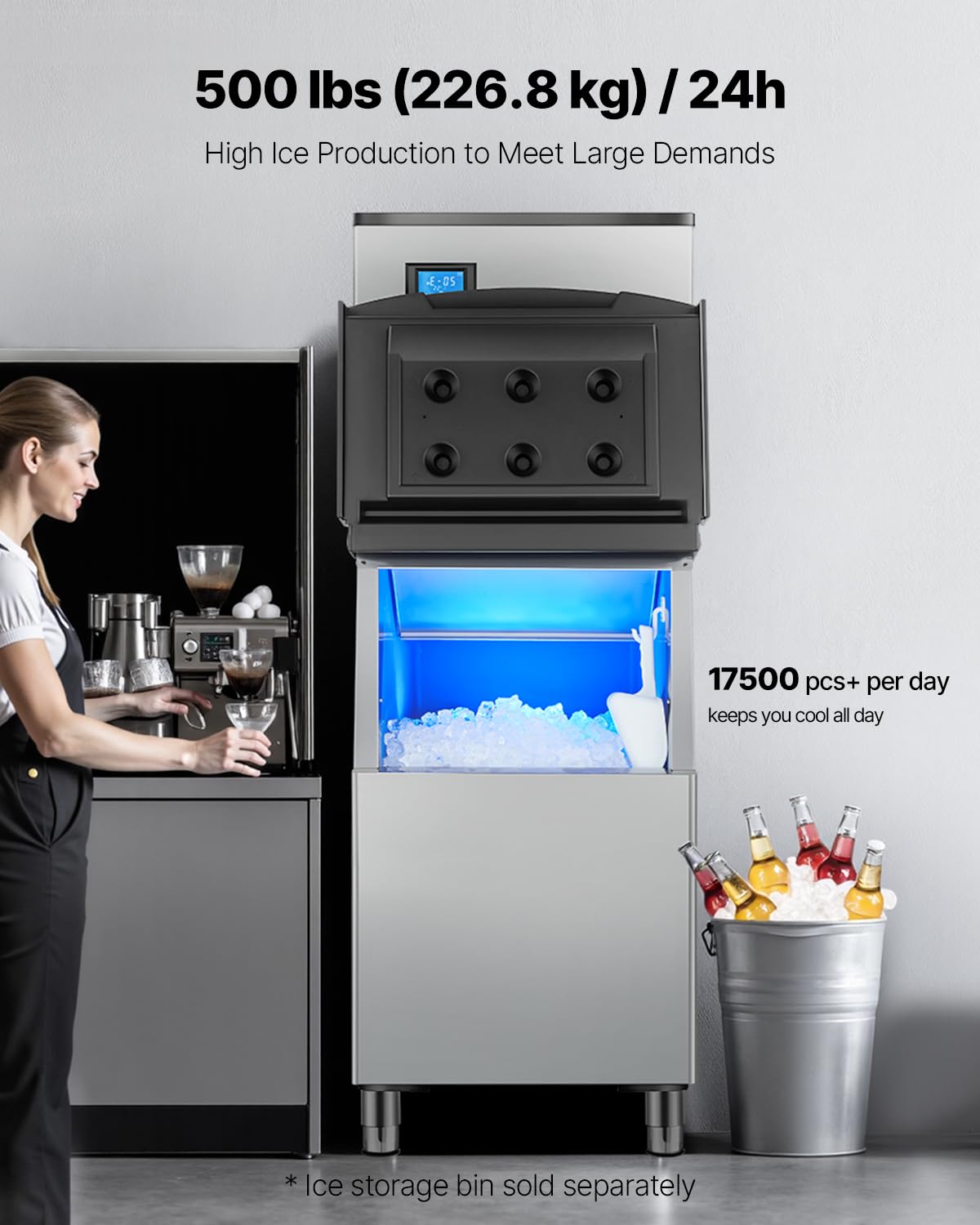 VEVOR Commercial Ice Maker Machine-Head 500 lbs/24 h, 22 Inch Stainless Steel Industrial Ice Machine, Self-Cleaning and Scheduled Ice Making, Modular Ice Cube Machine for Restaurant Hotel - Head Only