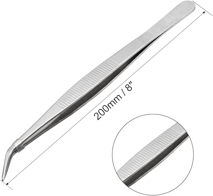 uxcell 8-Inch Stainless Steel Tweezers with Curved Pointed Serrated Tip Daily Garden Tool