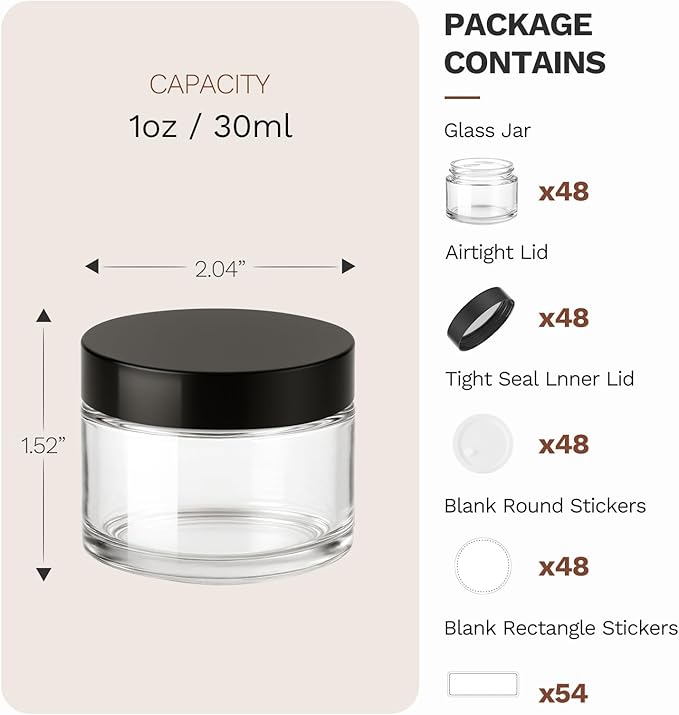 1 oz Small Glass Jars, Bumobum 48 pack Empty Round Clear Jars with Black Lids, White Labels & Inner Liners, Mini Cosmetic Containers for Cream, Lotion