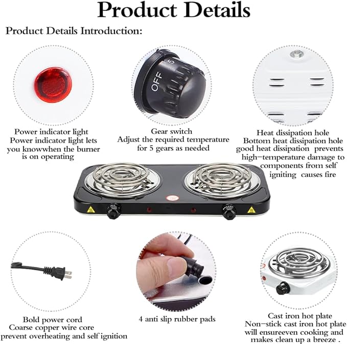 Compact and Portable Countertop Burner- Countertop Double Coiled Burner 2000 Watts Electric Hot Plate Temperature Controls White
